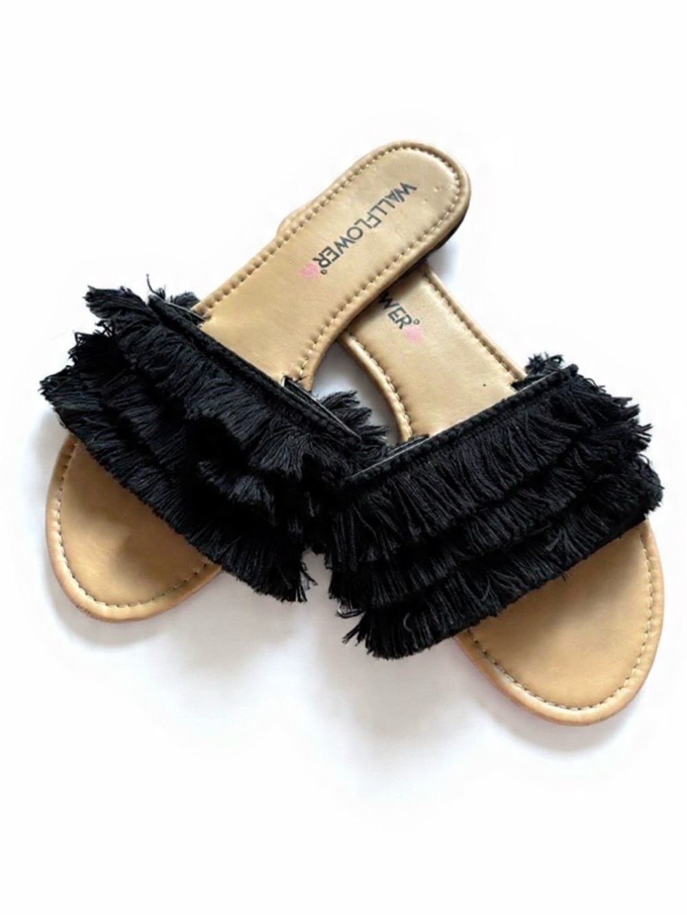 Wallflower Black Tiered Fringe Slide Sandals Size 7.5 – Boho Festival Flats